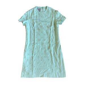 Vintage 60s Carlye Long Sheath Rhinestone Square Mint Green Mini Dress Pockets